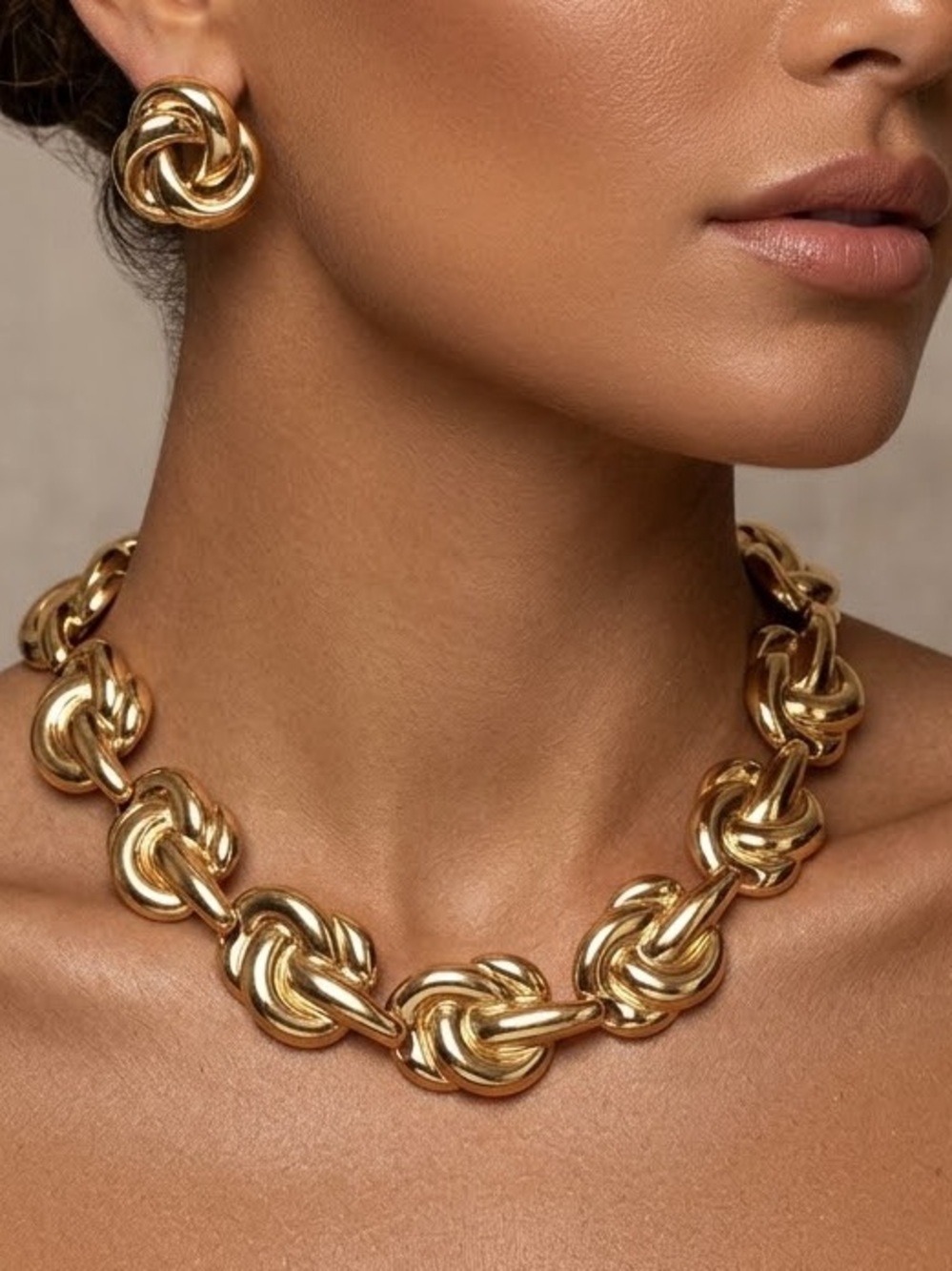 Bottega Style Gold Knot Statement Necklace and Earrings Set